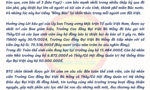 Thư cảm ơn đến sinh viên; cán bộ nhân viên Trường Cao đẳng Đại Việt Đà Nẵng và Thầy/Cô Hội đồng Quản trị Hệ thống Giáo dục Đại Việt