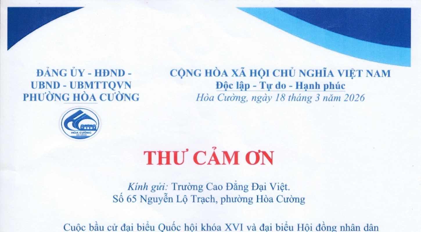 Thư cảm ơn từ Đảng Uỷ -HĐNN - UBND - UBMTTQVN Phường Hòa Cường | Trường Cao Đẳng Đại Việt Đà Nẵng