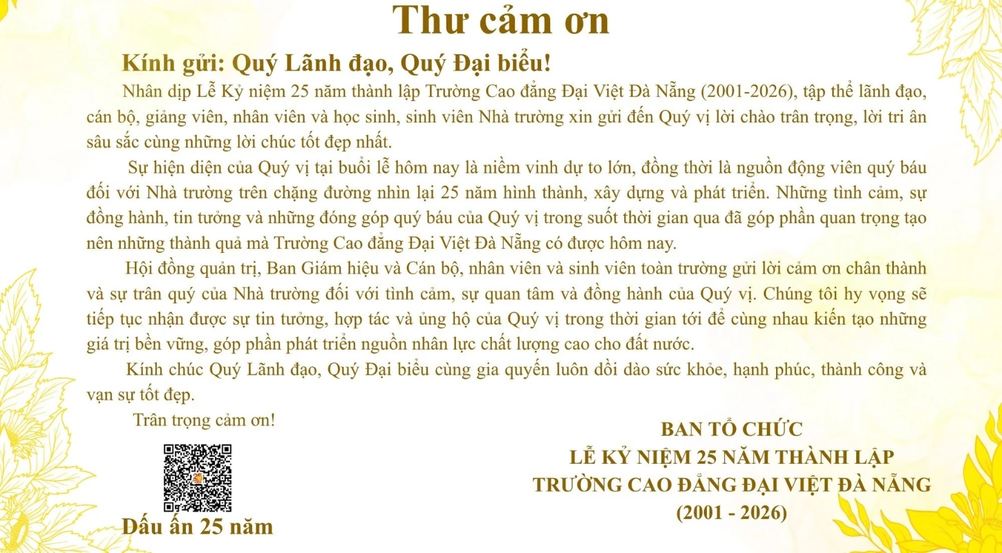THƯ CẢM ƠN | Trường Cao Đẳng Đại Việt Đà Nẵng