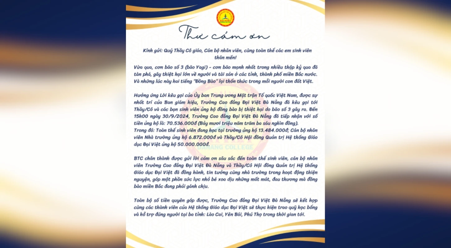 Thư Cảm Ơn Sinh Viên, Cán Bộ Nhân Viên Và Hội Đồng Quản Trị Hệ Thống Giáo Dục Đại Việt | Trường Cao Đẳng Đại Việt Đà Nẵng
