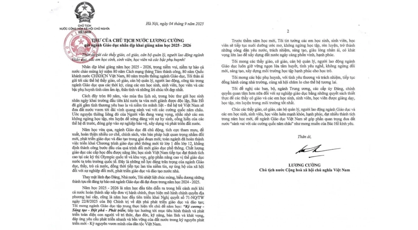 Thư Chủ Tịch Nước Lương Cường Gửi Ngành Giáo Dục Năm Học 2025–2026 | Trường Cao Đẳng Đại Việt Đà Nẵng