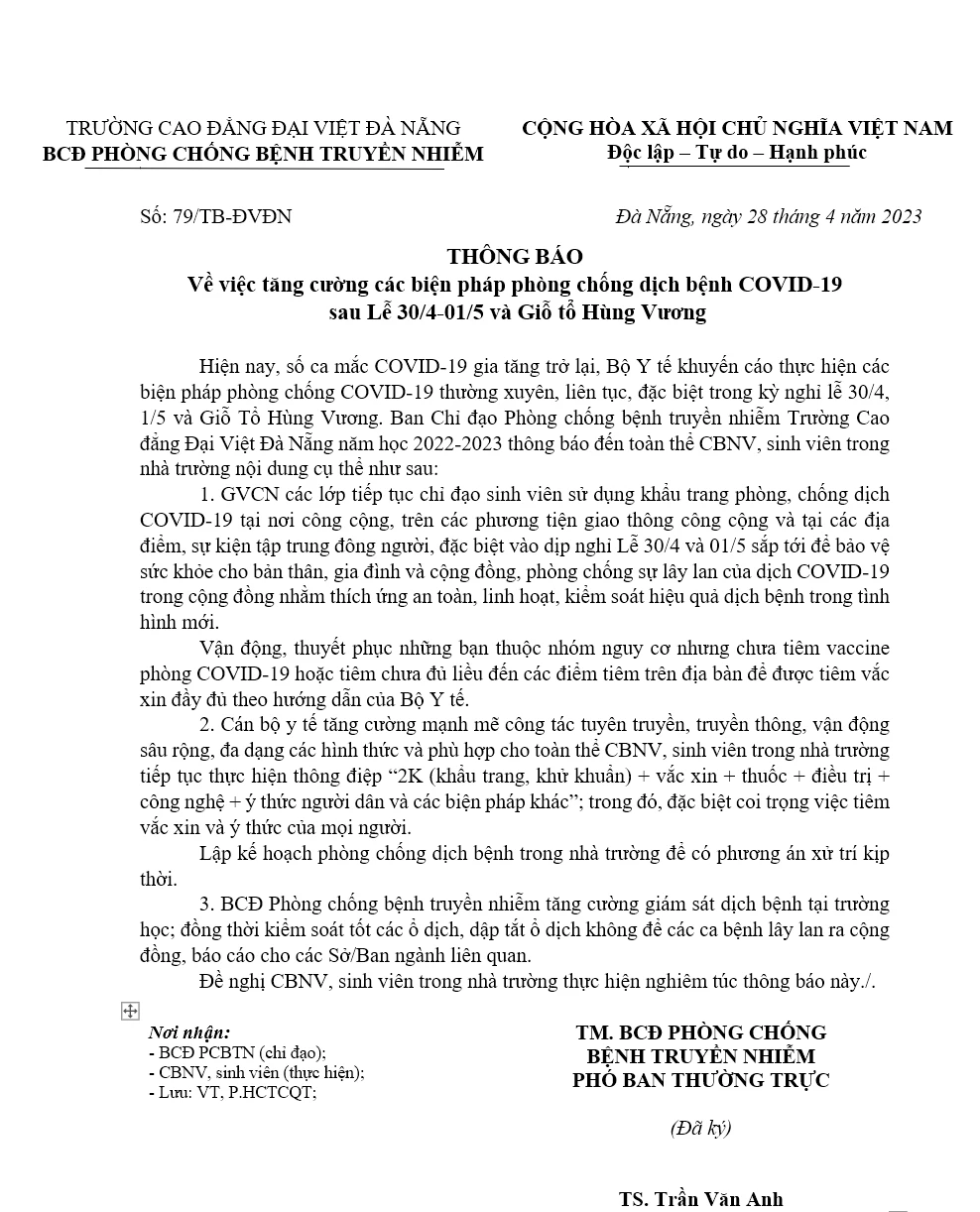 Thông báo tăng cường phòng chống dịch COVID-19 sau Lễ 30/4–01/5 và Giỗ tổ Hùng Vương – Trường Cao Đẳng Đại Việt Đà Nẵng