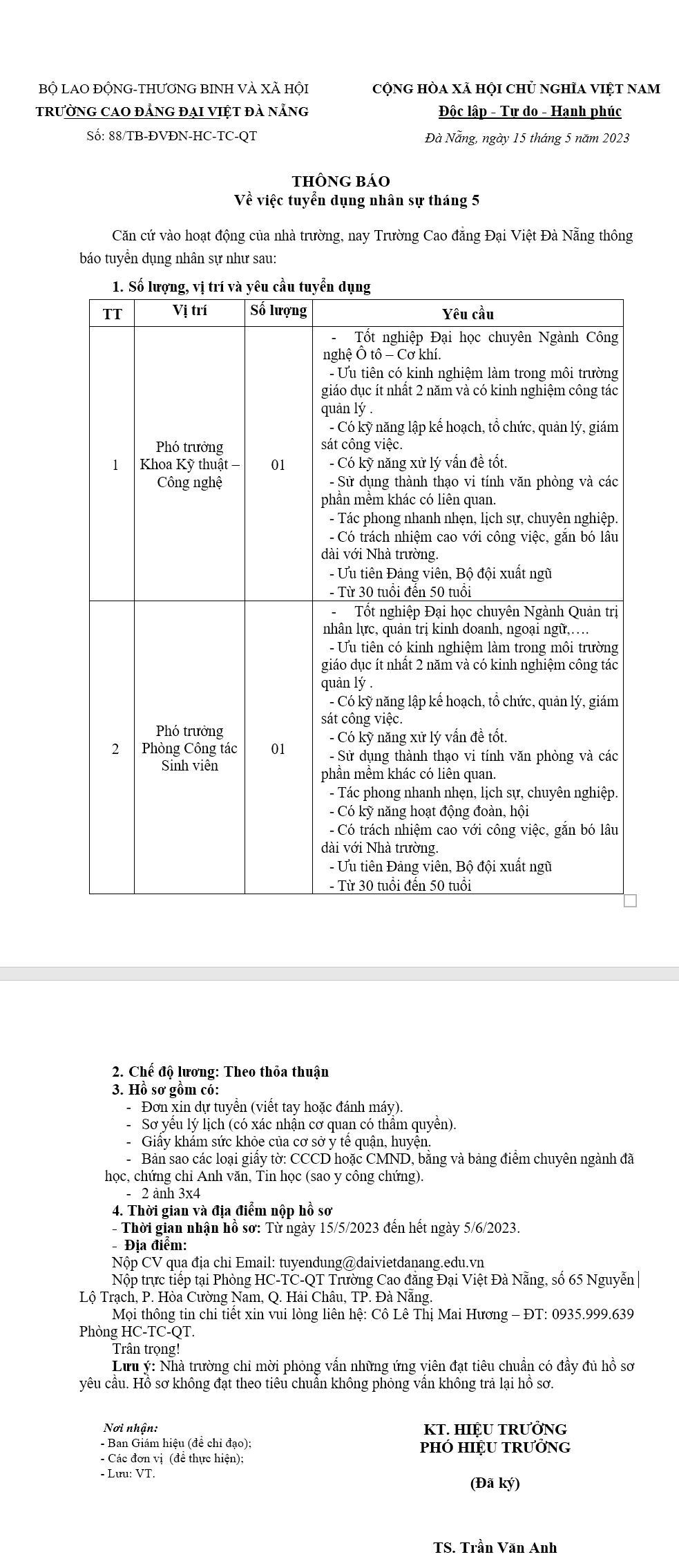 Trường Cao Đẳng Đại Việt Đà Nẵng – Thông báo tuyển dụng nhân sự tháng 5
