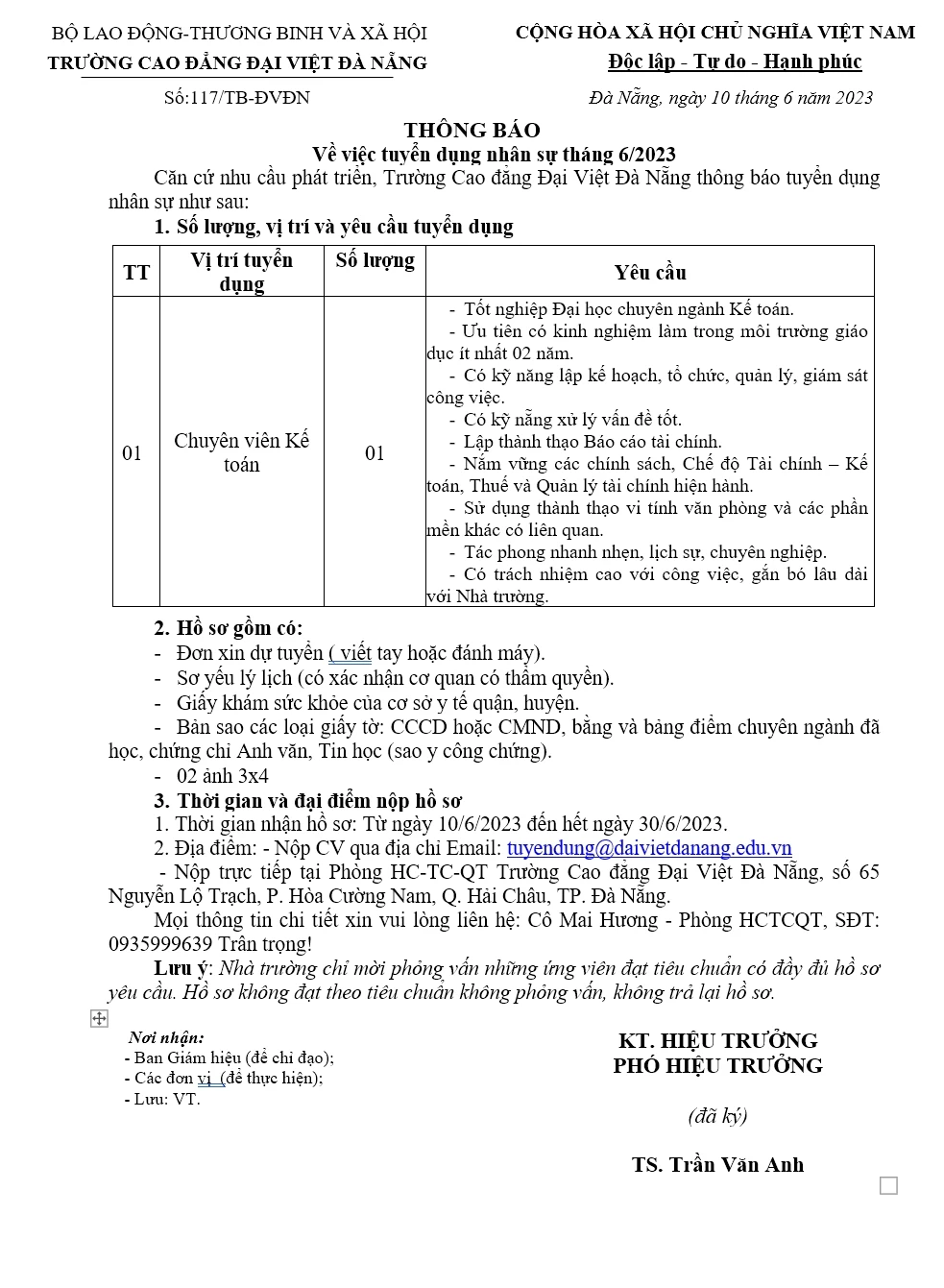 Trường Cao Đẳng Đại Việt Đà Nẵng – Thông báo tuyển dụng nhân sự tháng 6/2023