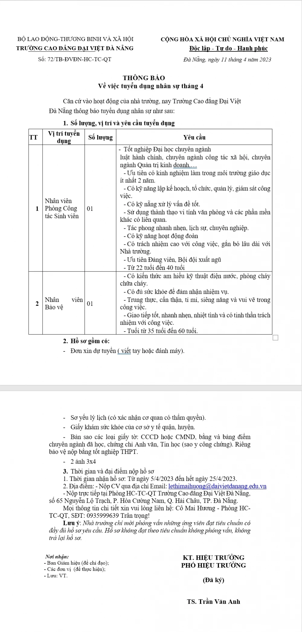 Trường Cao Đẳng Đại Việt Đà Nẵng – Thông báo tuyển dụng tháng 04/2023