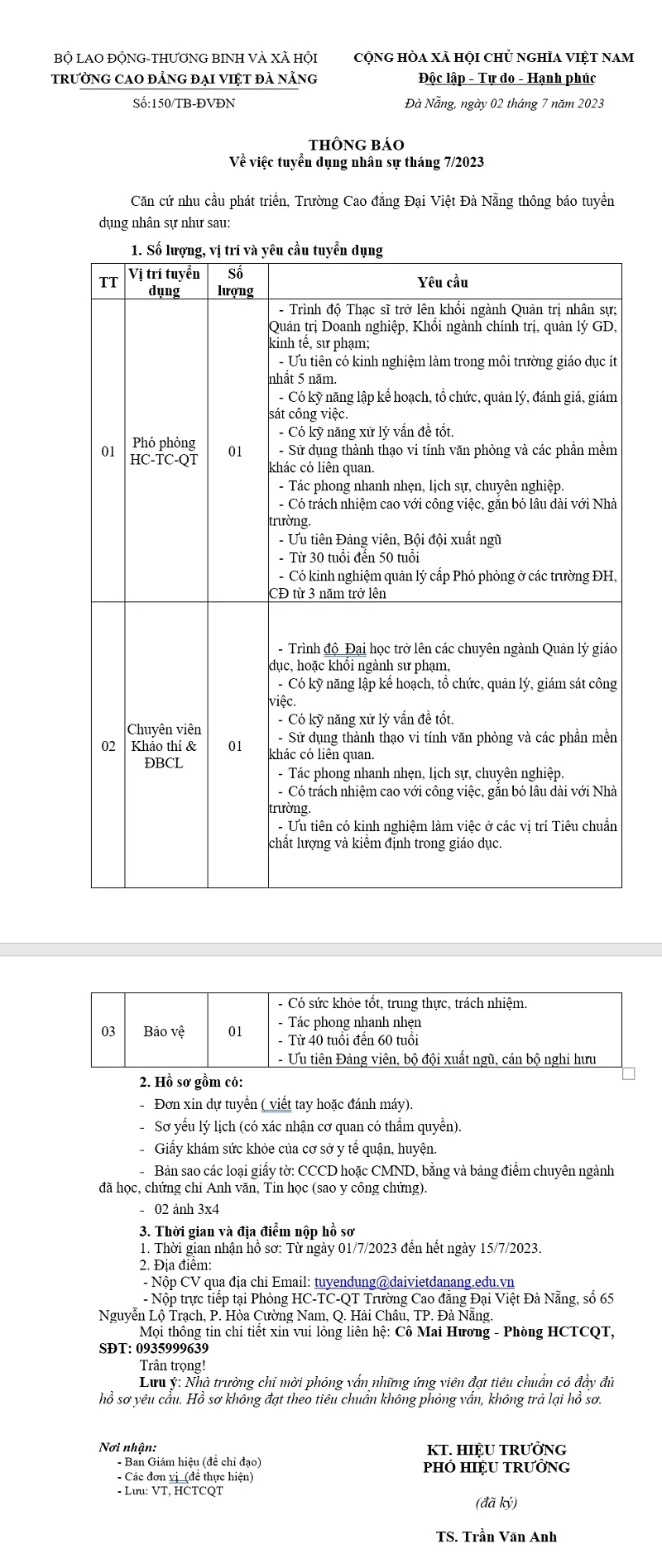 Thông Báo Về Việc Tuyển Dụng Nhân Sự Tháng 7/2023