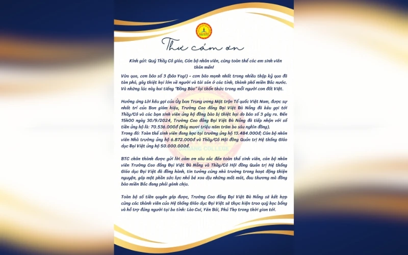 Thư Cảm Ơn Sinh Viên, Cán Bộ Nhân Viên Và Hội Đồng Quản Trị Hệ Thống Giáo Dục Đại Việt