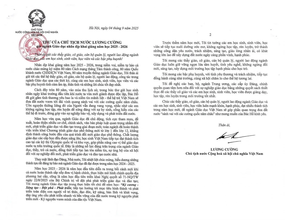 Thư Chủ tịch nước Lương Cường gửi ngành Giáo dục năm học 2025–2026