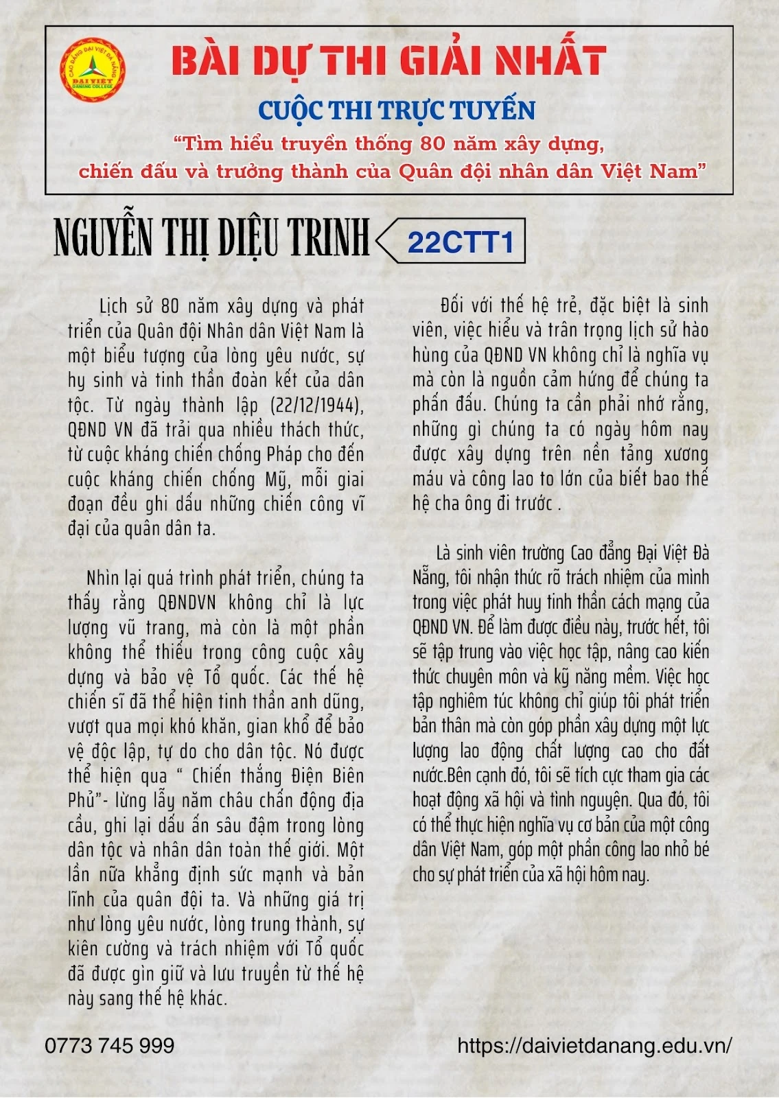 Trường Cao Đẳng Đại Việt Đà Nẵng – Hoạt Động Sinh Viên: Cuộc Thi Tìm Hiểu 80 Năm Truyền Thống Quân Đội Nhân Dân Việt Nam